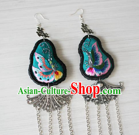 China National Guizhou Ethnic Silver Tassel Earrings Traditional Cheongsam Embroidered Butterfly Ear Accessories
