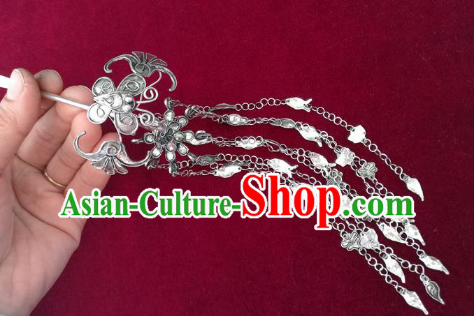 Chinese Miao Ethnic Folk Dance Hair Accessories Traditional Hmong Nationality Silver Tassel Hairpin
