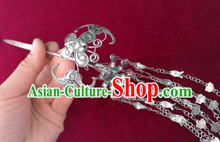 Chinese Miao Ethnic Folk Dance Hair Accessories Traditional Hmong Nationality Silver Tassel Hairpin