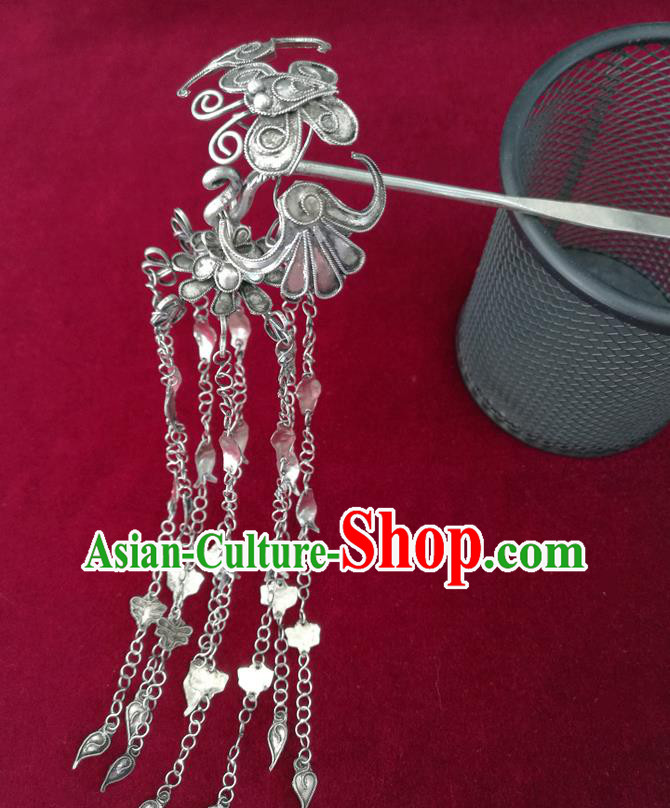 Chinese Miao Ethnic Folk Dance Hair Accessories Traditional Hmong Nationality Silver Tassel Hairpin