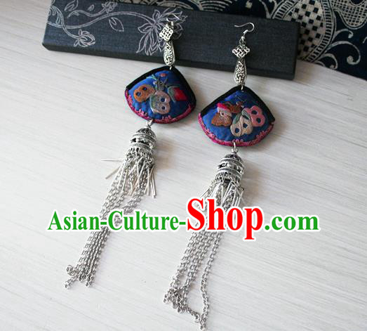 China Guizhou Miao Silver Earrings Traditional Cheongsam Embroidered Blue Ear Jewelry