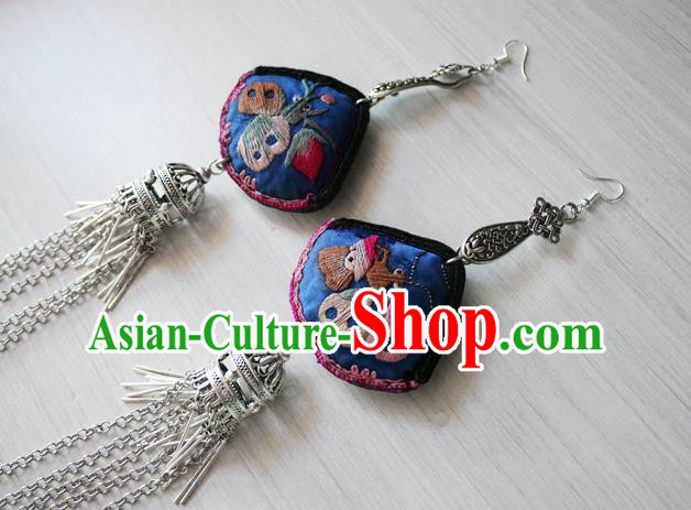 China Guizhou Miao Silver Earrings Traditional Cheongsam Embroidered Blue Ear Jewelry