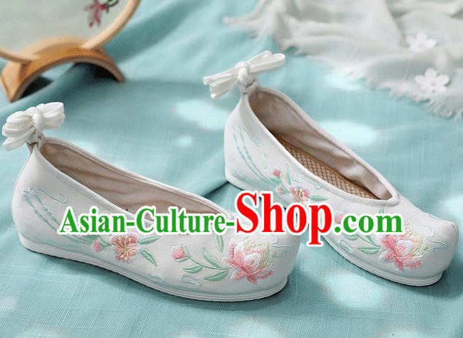 China Folk Dance White Cloth Shoes Embroidered Peach Blossom Shoes Traditional Hanfu Bow Shoes