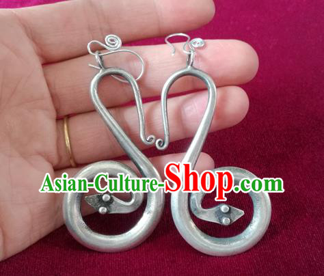 China Guizhou Ethnic Woman Silver Snake Earrings Traditional Miao Nationality Dance Ear Accessories