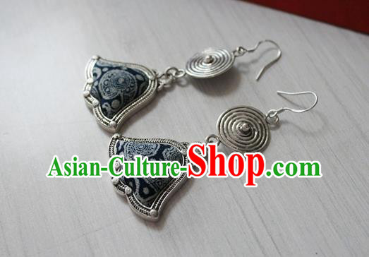 China Traditional Miao Nationality Woman Ear Accessories Guizhou Hmong Ethnic Silver Earrings