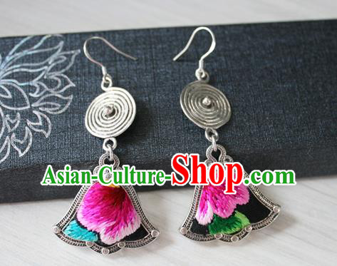 China Traditional Miao Nationality Embroidered Ear Accessories Guizhou Hmong Ethnic Folk Dance Silver Earrings