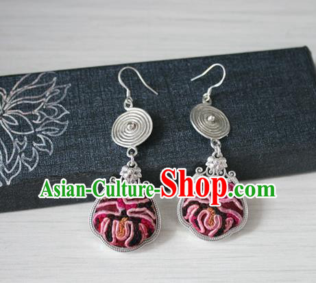 China Handmade Guizhou Hmong Ethnic Silver Earrings Traditional Miao Nationality Ear Accessories