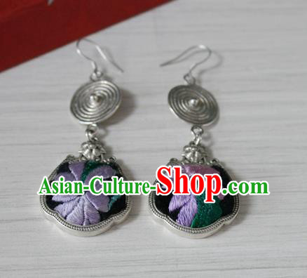 China Traditional Miao Nationality Embroidered Ear Accessories Handmade Guizhou Hmong Ethnic Silver Earrings