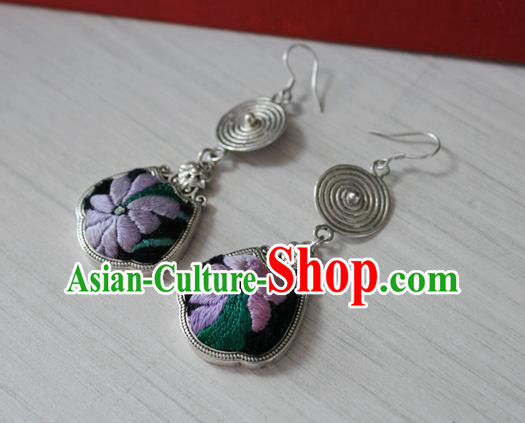 China Traditional Miao Nationality Embroidered Ear Accessories Handmade Guizhou Hmong Ethnic Silver Earrings