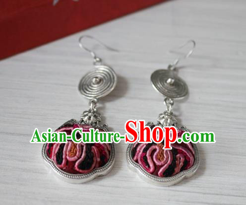 China Handmade Guizhou Hmong Ethnic Silver Earrings Traditional Miao Nationality Ear Accessories