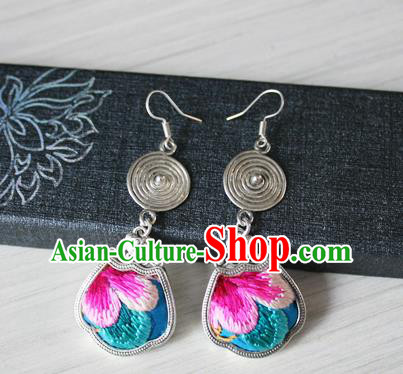 China Handmade Guizhou Hmong Ethnic Wedding Silver Earrings Traditional Miao Nationality Embroidered Blue Ear Accessories