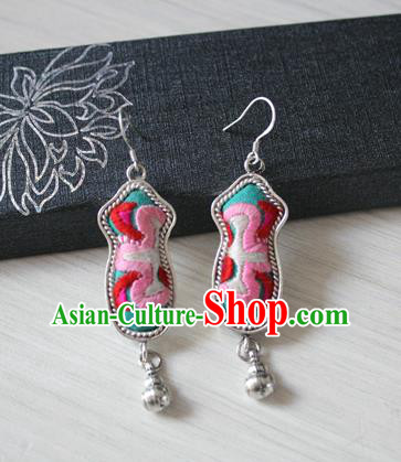 China Traditional Miao Nationality Folk Dance Ear Accessories Handmade Guizhou Ethnic Silver Embroidered Earrings