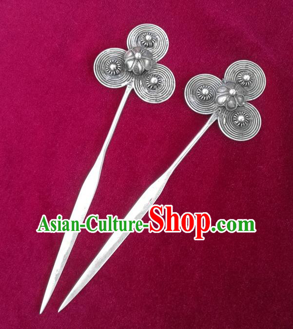 Chinese Traditional Hmong Nationality Silver Camellia Hairpin Miao Ethnic Folk Dance Hair Accessories