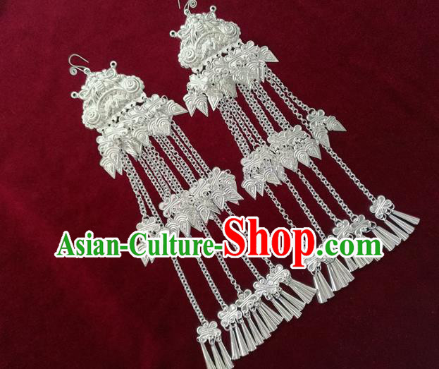 China Handmade Guizhou Miao Ethnic Earrings Traditional Hmong Nationality Silver Tassel Ear Accessories