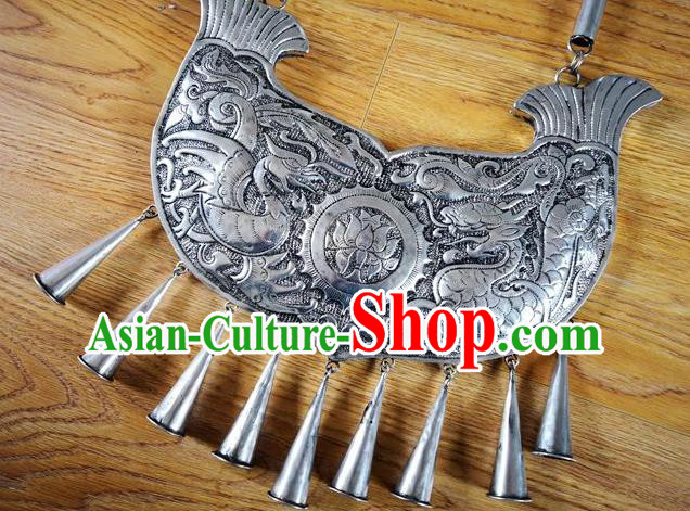 Chinese Miao Ethnic Wedding Jewelry Accessories Handmade Hmong Silver Carving Dragon Phoenix Necklet