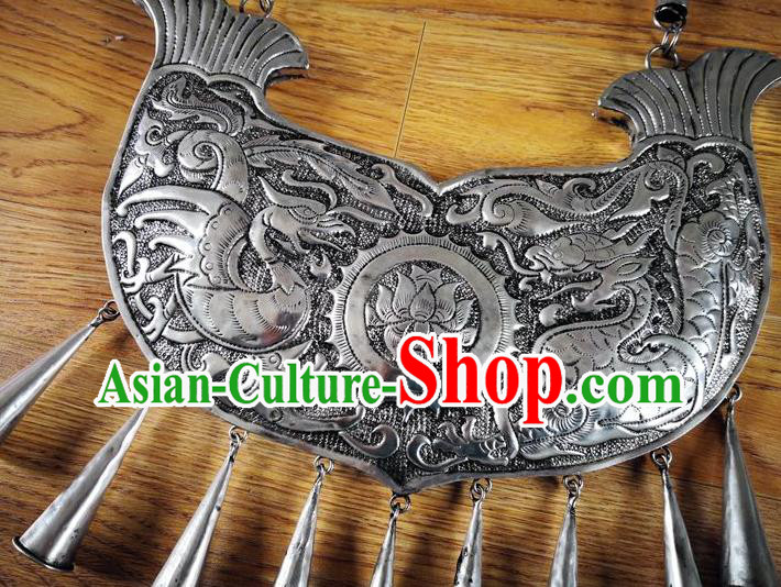 Chinese Miao Ethnic Wedding Jewelry Accessories Handmade Hmong Silver Carving Dragon Phoenix Necklet