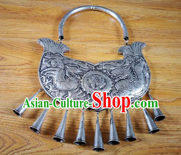 Chinese Miao Ethnic Wedding Jewelry Accessories Handmade Hmong Silver Carving Dragon Phoenix Necklet