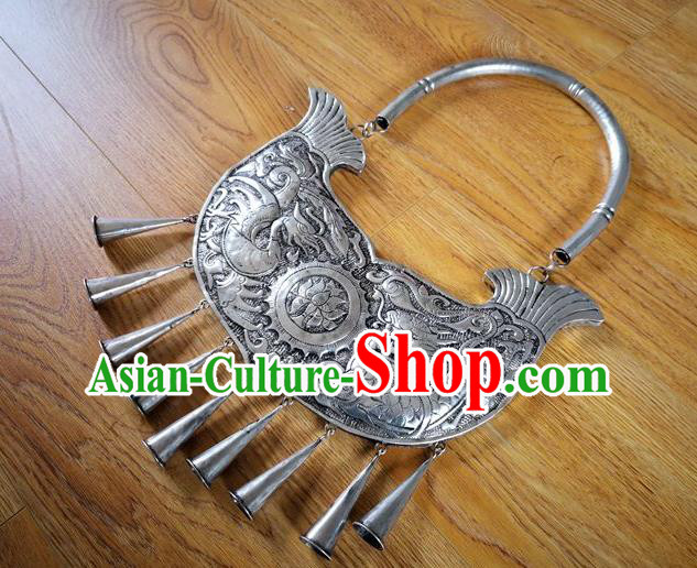 Chinese Miao Ethnic Wedding Jewelry Accessories Handmade Hmong Silver Carving Dragon Phoenix Necklet