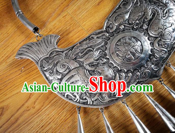Chinese Miao Ethnic Wedding Jewelry Accessories Handmade Hmong Silver Carving Dragon Phoenix Necklet