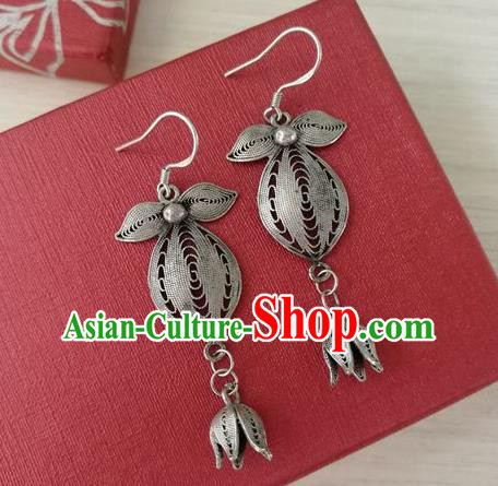 China Handmade National Silver Orchid Earrings Traditional Guizhou Ethnic Folk Dance Ear Accessories