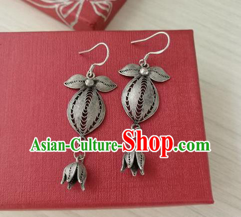 China Handmade National Silver Orchid Earrings Traditional Guizhou Ethnic Folk Dance Ear Accessories
