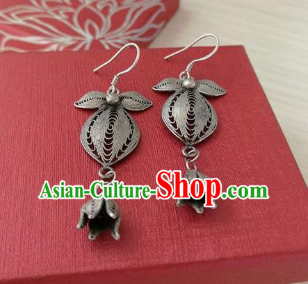 China Handmade National Silver Orchid Earrings Traditional Guizhou Ethnic Folk Dance Ear Accessories