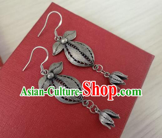 China Handmade National Silver Orchid Earrings Traditional Guizhou Ethnic Folk Dance Ear Accessories