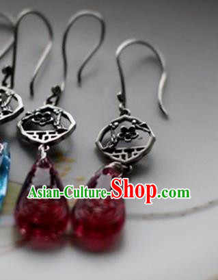 China Handmade National Garnet Earrings Traditional Cheongsam Silver Plum Blossom Ear Accessories