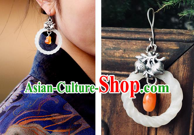 China Handmade National Jade Ring Earrings Traditional Cheongsam Silver Pomegranate Ear Accessories
