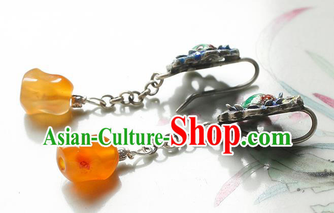 China Handmade National Agate Tassel Earrings Traditional Cheongsam Cloisonne Silver Ear Jewelry