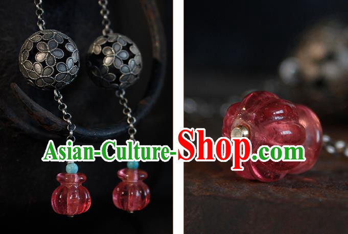 China Handmade National Silver Hydrangea Earrings Traditional Cheongsam Garnet Sachet Ear Jewelry