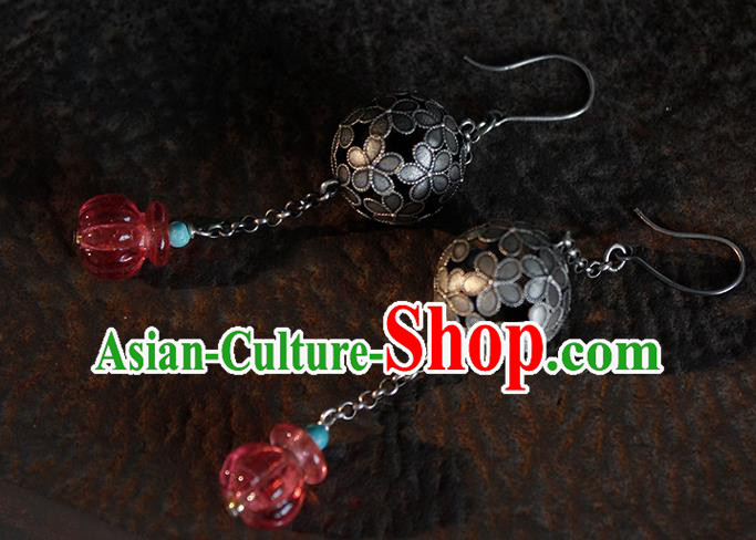China Handmade National Silver Hydrangea Earrings Traditional Cheongsam Garnet Sachet Ear Jewelry