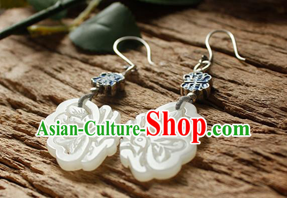 China Handmade National Blueing Silver Earrings Traditional Cheongsam Jade Butterfly Ear Jewelry