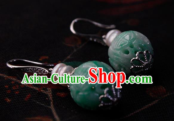 China Handmade National Jadeite Carving Earrings Traditional Cheongsam Pearls Ear Jewelry