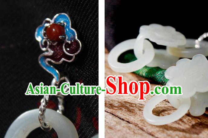 China Handmade National Jade Lotus Earrings Traditional Cheongsam Cloisonne Silver Ear Jewelry