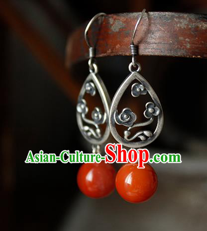 China Handmade National Agate Bead Earrings Traditional Cheongsam Silver Cloud Jewelry