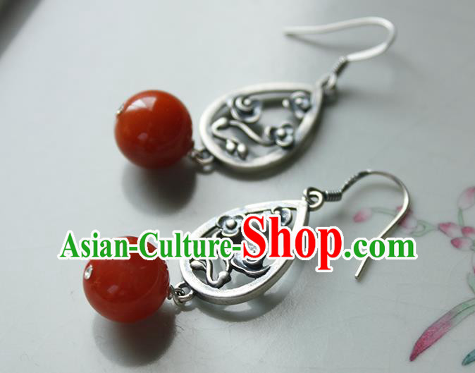 China Handmade National Agate Bead Earrings Traditional Cheongsam Silver Cloud Jewelry