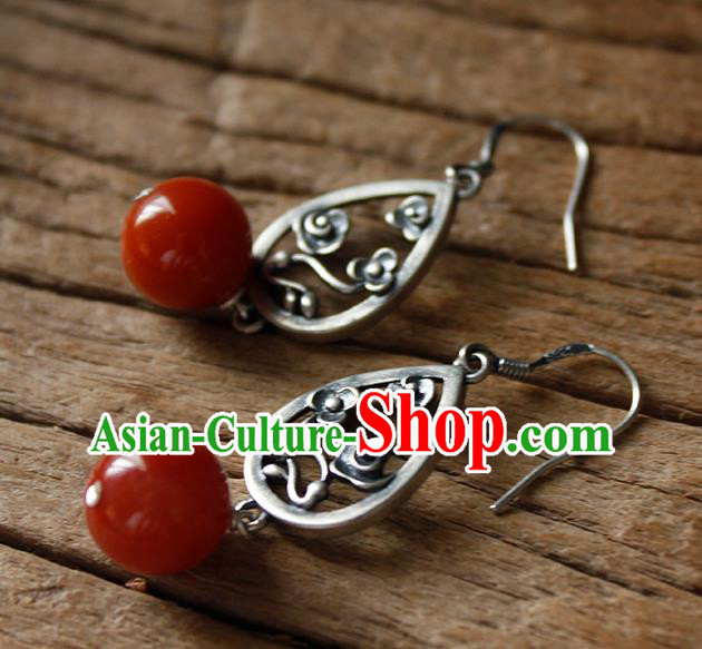 China Handmade National Agate Bead Earrings Traditional Cheongsam Silver Cloud Jewelry