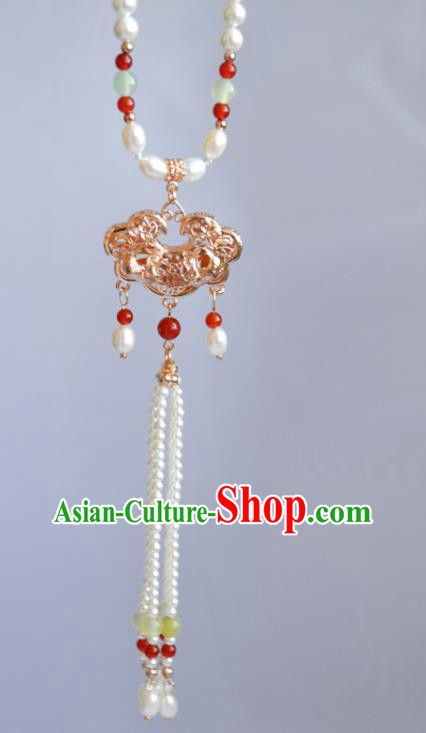 Chinese Ancient Princess Pearls Necklace Handmade Traditional Ming Dynasty Golden Lock Necklet Jewelry