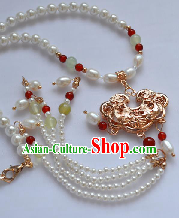 Chinese Ancient Princess Pearls Necklace Handmade Traditional Ming Dynasty Golden Lock Necklet Jewelry