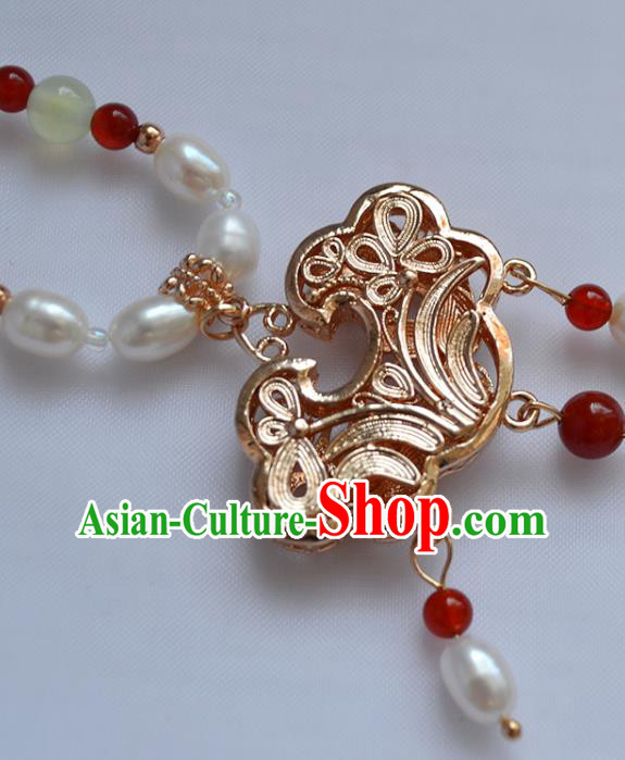 Chinese Ancient Princess Pearls Necklace Handmade Traditional Ming Dynasty Golden Lock Necklet Jewelry