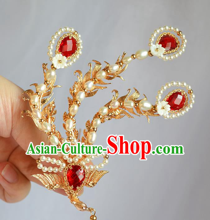 Chinese Traditional Hair Accessories Ancient Ming Dynasty Empress Pearls Phoenix Hairpin