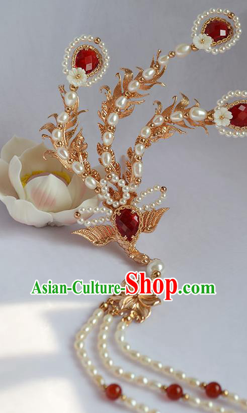 Chinese Traditional Hair Accessories Ancient Ming Dynasty Empress Pearls Phoenix Hairpin
