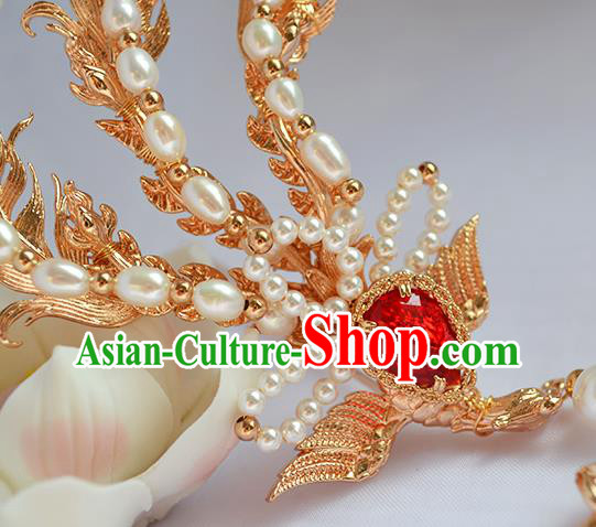 Chinese Traditional Hair Accessories Ancient Ming Dynasty Empress Pearls Phoenix Hairpin