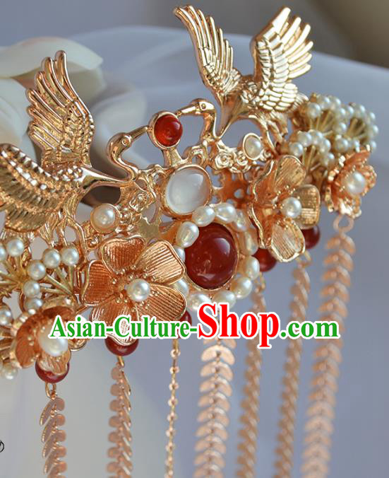 Chinese Traditional Ming Dynasty Wedding Hair Accessories Ancient Bride Golden Crane Tassel Hairpin