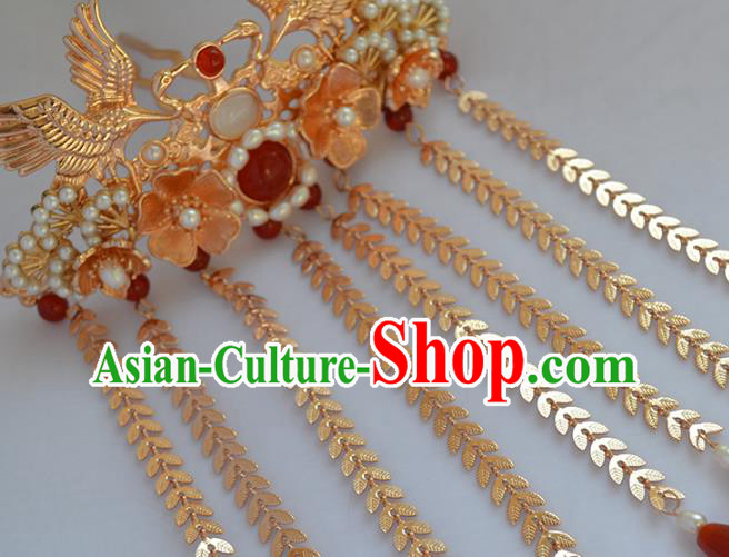 Chinese Traditional Ming Dynasty Wedding Hair Accessories Ancient Bride Golden Crane Tassel Hairpin
