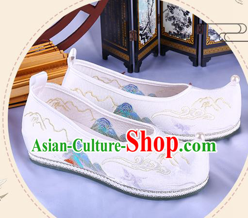 Chinese Traditional Hanfu White Satin Shoes Ming Dynasty Embroidered Landscape Shoes Ancient Princess Bow Shoes