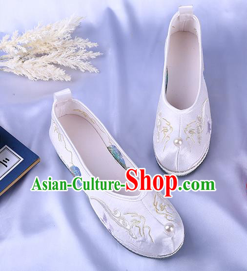 Chinese Traditional Hanfu White Satin Shoes Ming Dynasty Embroidered Landscape Shoes Ancient Princess Bow Shoes