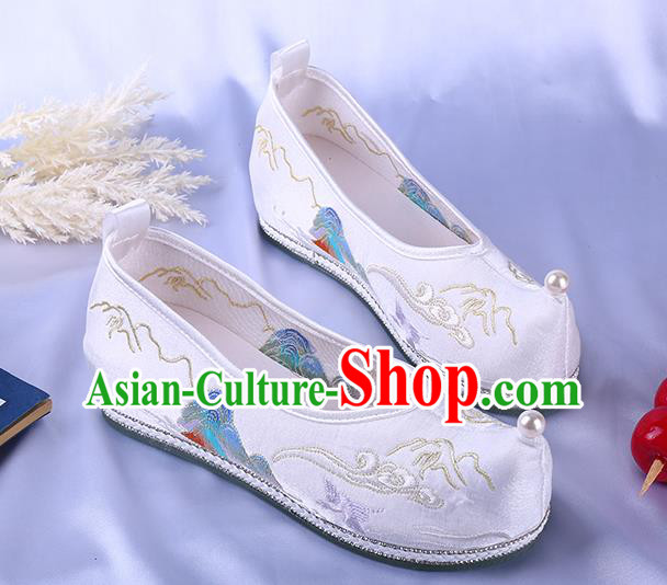 Chinese Traditional Hanfu White Satin Shoes Ming Dynasty Embroidered Landscape Shoes Ancient Princess Bow Shoes