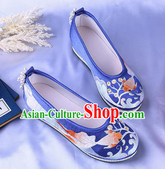 China Classical Dance Shoes National Embroidery Goldfish Shoes Traditional Handmade Blue Cloth Shoes